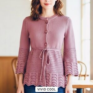 Moda International Sweater Crochet Knit 3/4 Bell Sleeve Dusty Pink XS Boho Chic